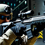 A professional soldier's view from their own perspective, intensely focused on a target ahead. The soldier's well-formed hands, in dark, professional gloves, are firmly gripping a state-of-the-art combat rifle. The immediate foreground shows the weapon's detailed design, while the background reveals a dimly lit, high-tech urban environment, suggesting a precise mission. Perfect anatomy, correct proportions, natural pose, proper finger count, natural body proportions, cinematic lighting, ultra-detailed, high-quality, realistic, safe for work, appropriate content, fully clothed, professional dress, family-friendly.