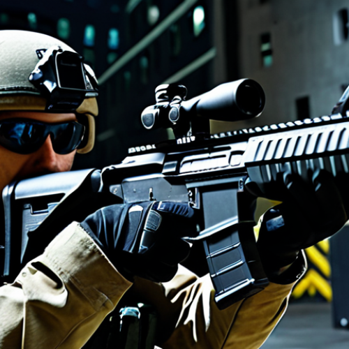 Home 25 A professional soldier's view from their own perspective, intensely focused on a target ahead. The soldier's well-formed hands, in dark, professional gloves, are firmly gripping a state-of-the-art combat rifle. The immediate foreground shows the weapon's detailed design, while the background reveals a dimly lit, high-tech urban environment, suggesting a precise mission. Perfect anatomy, correct proportions, natural pose, proper finger count, natural body proportions, cinematic lighting, ultra-detailed, high-quality, realistic, safe for work, appropriate content, fully clothed, professional dress, family-friendly.