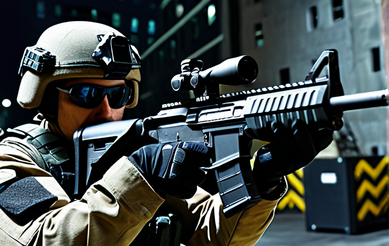A professional soldier's view from their own perspective, intensely focused on a target ahead. The soldier's well-formed hands, in dark, professional gloves, are firmly gripping a state-of-the-art combat rifle. The immediate foreground shows the weapon's detailed design, while the background reveals a dimly lit, high-tech urban environment, suggesting a precise mission. Perfect anatomy, correct proportions, natural pose, proper finger count, natural body proportions, cinematic lighting, ultra-detailed, high-quality, realistic, safe for work, appropriate content, fully clothed, professional dress, family-friendly.