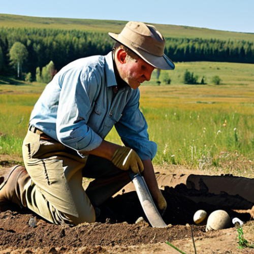 Home 24 **
A skilled archaeologist, fully clothed in practical field attire (khaki pants, sturdy boots, and a button-down shirt with rolled-up sleeves), carefully excavating an ancient site in a remote, sun-drenched Russian landscape. Rolling hills and scattered birch trees form the backdrop. Focus on the detail of the tools and the careful brushwork around a partially unearthed artifact. Safe for work, appropriate content, professional, perfect anatomy, correct proportions, natural pose.
**