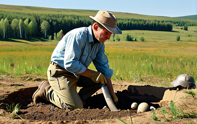 **

A skilled archaeologist, fully clothed in practical field attire (khaki pants, sturdy boots, and a button-down shirt with rolled-up sleeves), carefully excavating an ancient site in a remote, sun-drenched Russian landscape. Rolling hills and scattered birch trees form the backdrop. Focus on the detail of the tools and the careful brushwork around a partially unearthed artifact. Safe for work, appropriate content, professional, perfect anatomy, correct proportions, natural pose.

**