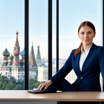 **

A professional businesswoman in a modest dark blue business suit, sitting at a clean desk in a modern Moscow office with a view of the cityscape through large windows, fully clothed, appropriate attire, safe for work, perfect anatomy, natural proportions, professional photography, high quality.

**