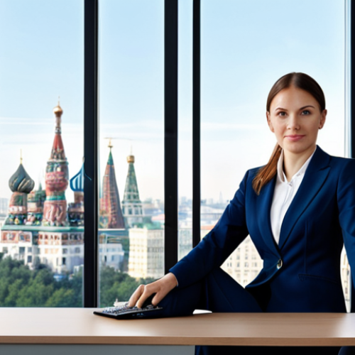 Home 23 **
A professional businesswoman in a modest dark blue business suit, sitting at a clean desk in a modern Moscow office with a view of the cityscape through large windows, fully clothed, appropriate attire, safe for work, perfect anatomy, natural proportions, professional photography, high quality.
**
