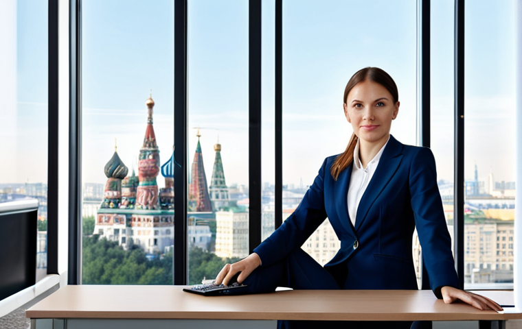**

A professional businesswoman in a modest dark blue business suit, sitting at a clean desk in a modern Moscow office with a view of the cityscape through large windows, fully clothed, appropriate attire, safe for work, perfect anatomy, natural proportions, professional photography, high quality.

**