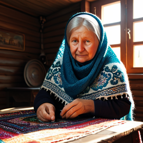 Home 12 **Subject:** A babushka knitting a colorful Orenburg shawl.
**Environment:** Cozy, traditional Russian izba (wooden house) interior with a samovar on the table and sunlight streaming through a lace-curtained window.
**Details:** Focus on the intricate details of the shawl, the warm lighting, and the babushka's kind face.
**Quality Modifiers:** High resolution, realistic rendering, detailed textures, cinematic lighting, safe for work, appropriate content, fully clothed, modest, family-friendly.