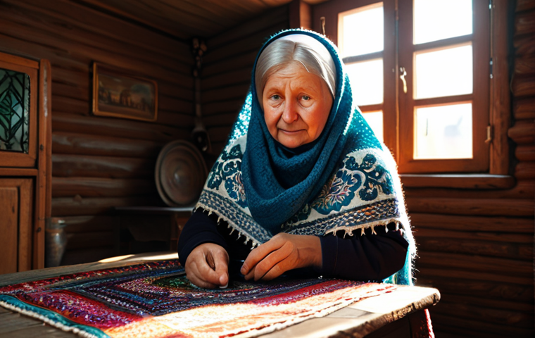 **Subject:** A babushka knitting a colorful Orenburg shawl.
    **Environment:** Cozy, traditional Russian izba (wooden house) interior with a samovar on the table and sunlight streaming through a lace-curtained window.
    **Details:** Focus on the intricate details of the shawl, the warm lighting, and the babushka's kind face.
    **Quality Modifiers:** High resolution, realistic rendering, detailed textures, cinematic lighting, safe for work, appropriate content, fully clothed, modest, family-friendly.