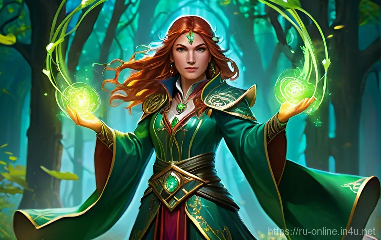던파 인챈트리스 가이드 - A powerful female Charmer, a Sorceress archetype, stands in the heart of a vibrant fantasy raid batt...
