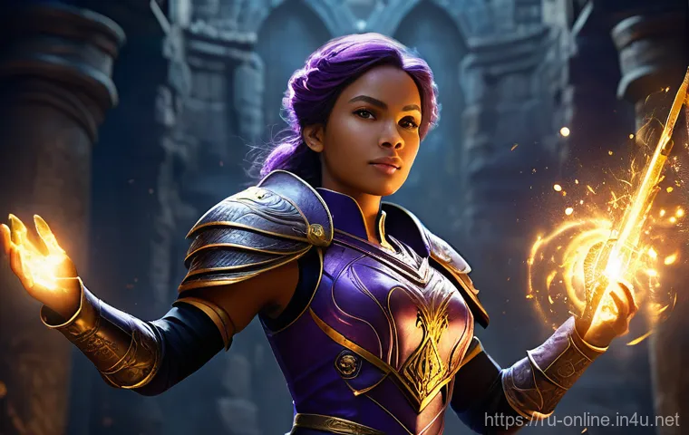 던파 인챈트리스 가이드 - A powerful female Charmer, a Sorceress archetype, stands in the heart of a vibrant fantasy raid batt...