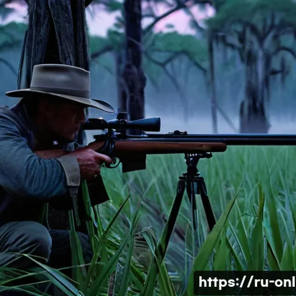 헌트 쇼다운 무기 추천 - **Long-Range Sniper Dominance** "A lone, rugged hunter in a wide-brimmed hat and practical, mud-...