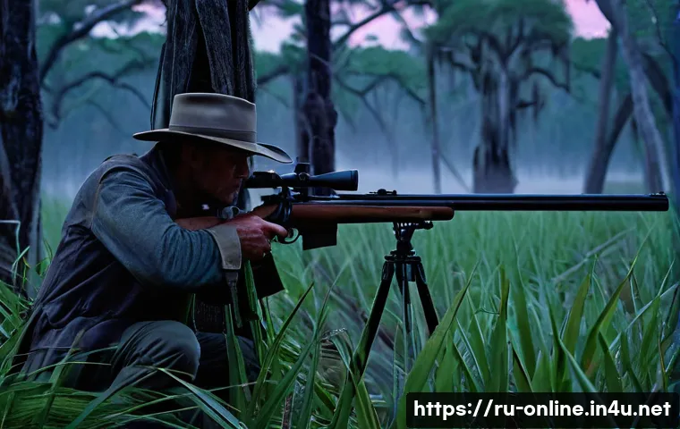 헌트 쇼다운 무기 추천 - **Long-Range Sniper Dominance** "A lone, rugged hunter in a wide-brimmed hat and practical, mud-...