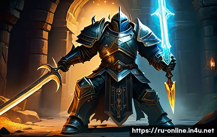 엘더 스크롤 온라인 던전 팁 - A detailed fantasy dungeon group scene featuring three distinct characters: a heavily armored tank w...