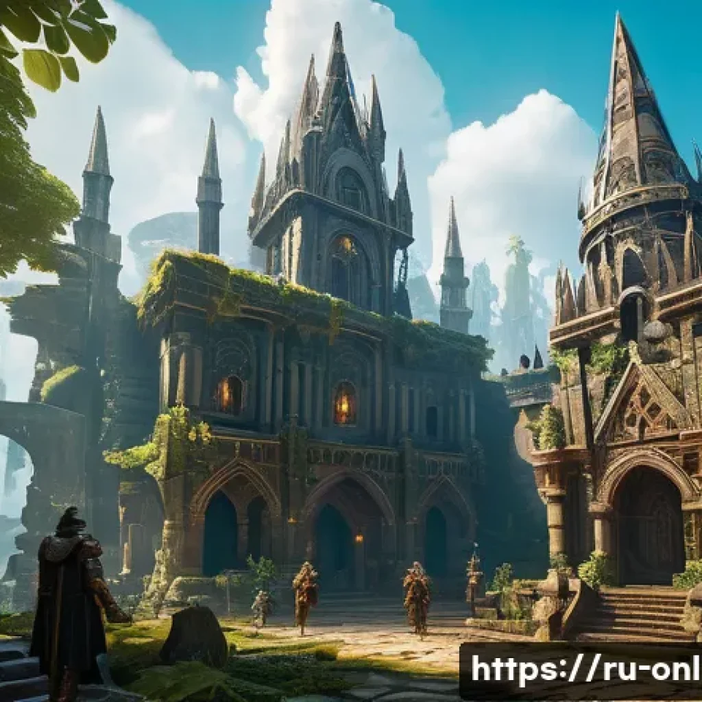 던파 운영사 네오플의 비전 - A richly detailed fantasy game world scene showcasing a vast ancient city with towering gothic archi...