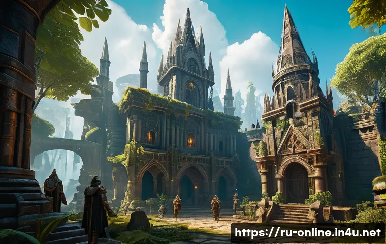 던파 운영사 네오플의 비전 - A richly detailed fantasy game world scene showcasing a vast ancient city with towering gothic archi...