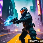 Home 21 발로란트 에이전트 사용법 - A dynamic action scene featuring a Valorant Duelist agent, such as Phoenix, in mid-combat on a futur...