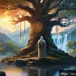 Home 18 미르의 전설 역사 - A detailed digital painting of the “Legend of Mir” symbolized by a majestic tree of life standing at...