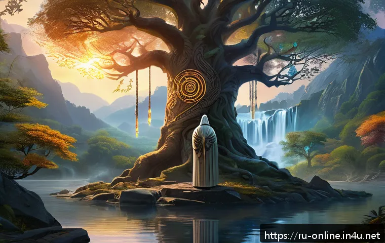 미르의 전설 역사 - A detailed digital painting of the &ldquo;Legend of Mir&rdquo; symbolized by a majestic tree of life standing at...